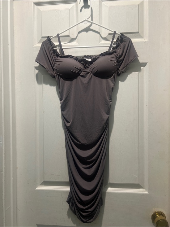 Aster Dresses & Skirts - Aster Ruched Off-Shoulder Midi Dress in Light Brown